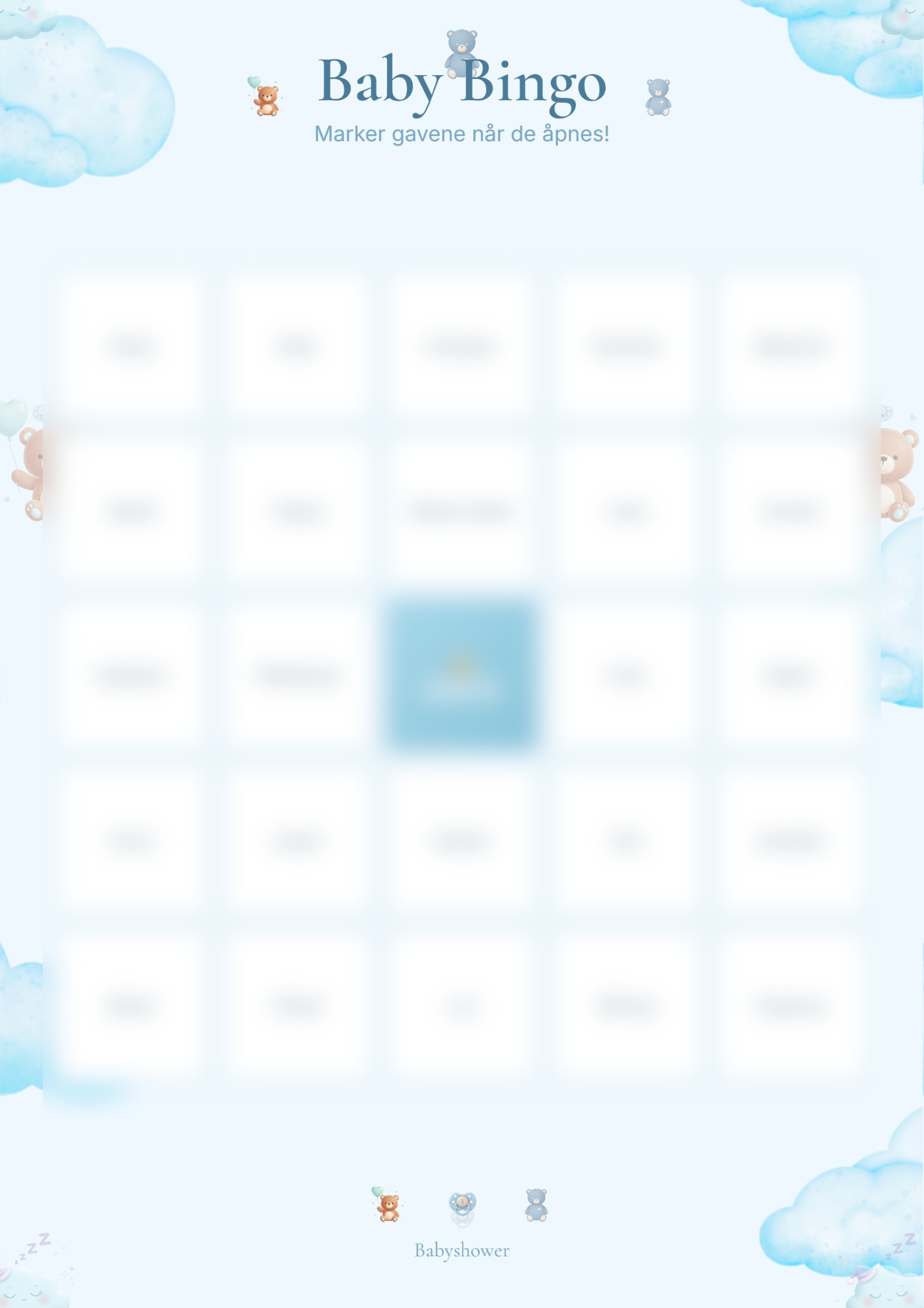Baby bingo kort til babyshower - blå versjon med 30 unike kort